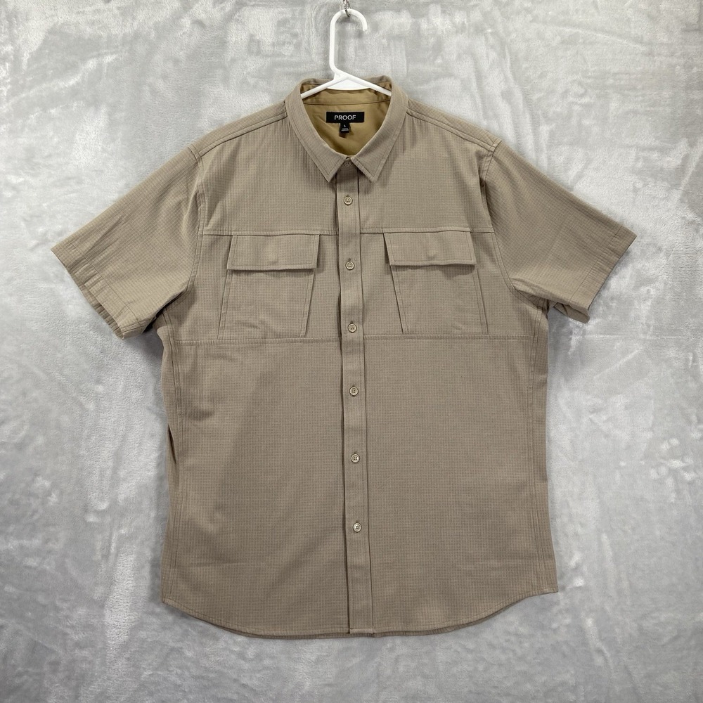 PROOF Shirt men's Large Button Up Huckberry Outdoor Utility Field Pockets Brown